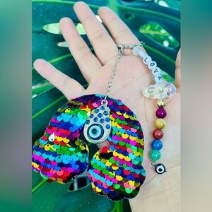 Multicolor Sequin Keychain Purse Charm with Evil Eye